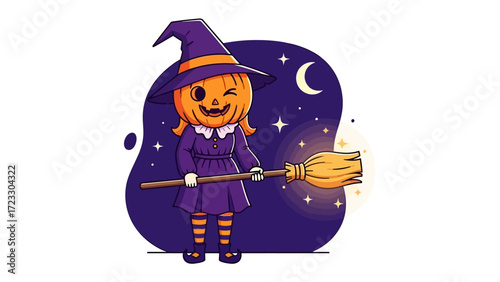 Spooky Witch in Magical Night: a bewitching illustration featuring a friendly witch adorned with a pumpkin head, standing proudly with her broom.