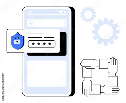 Mobile phone displaying security features with password input alongside interconnected hands and gear wheels. Ideal for data protection, teamwork, collaboration, technology, cybersecurity, digital