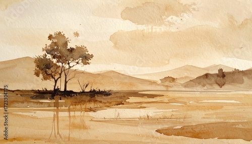 Monochrome Landscape Painting of Trees Water and Distant Hills in Sepia Tones with Textured Sky and Reflective Water Surface