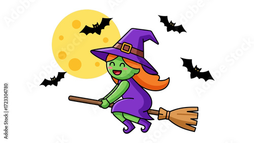 Whimsical Witch in Flight: An enchanting illustration of a playful witch, complete with her hat and broomstick, soaring against a full moon backdrop, all while being encircled by several bats.