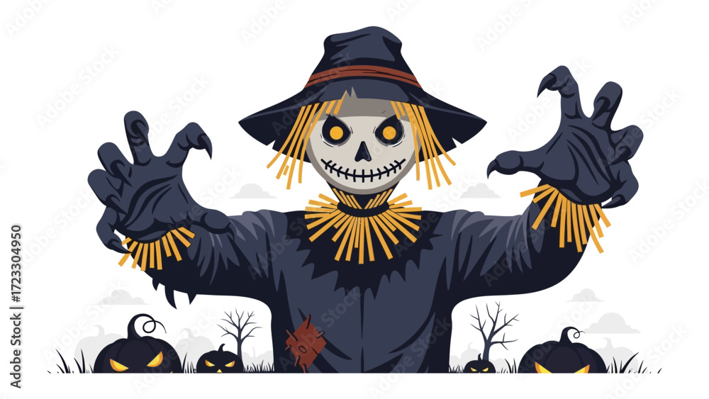 Fototapeta premium Spooky Scarecrow Scene: A chilling illustration of a scarecrow set against the backdrop of a haunted scene, embodies the spirit of Halloween.