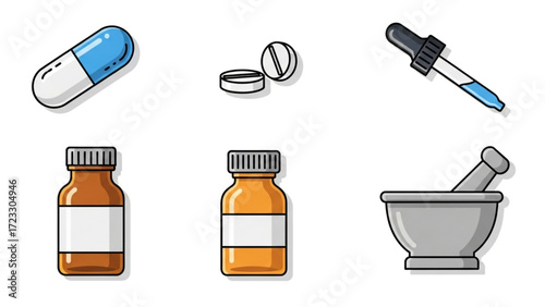 Medication icons for pharmaceutical healthcare, including pills, capsules, dropper, mortar and pestle, and bottles for medical and wellness concepts