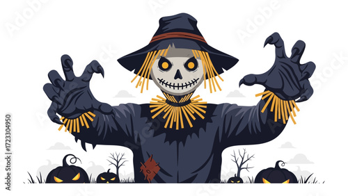 Spooky Scarecrow Scene: A chilling illustration of a scarecrow set against the backdrop of a haunted scene, embodies the spirit of Halloween.