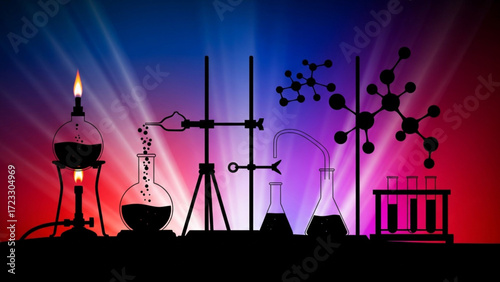Dynamic laboratory scene with glassware and molecular structures, perfect for science education materials or innovative research presentations. Modern chemistry concept.