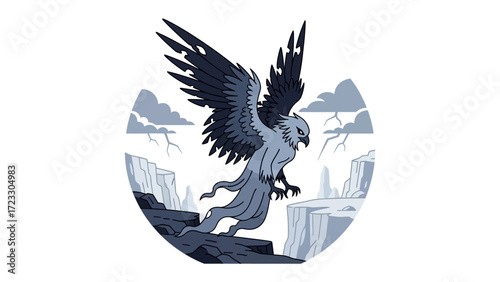  Majestic Ascent: An artistic rendering of a powerful eagle soaring gracefully through a stormy sky. This illustration captures the eagle's strength and freedom.