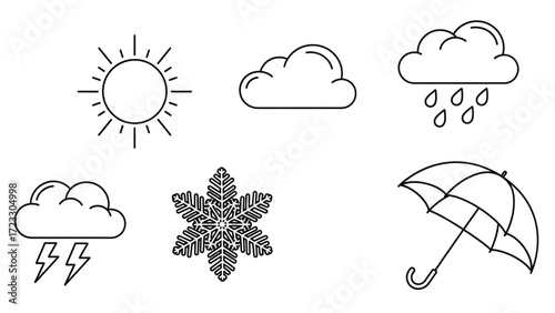 Weather forecast icons depicting sunshine, clouds, rain, lightning, snowflake, and umbrella, perfect for website design or educational materials