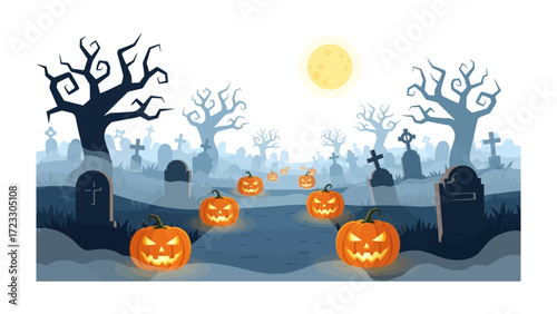 Haunted Halloween Graveyard: A spooky yet inviting digital illustration that captures the eerie essence of Halloween with grinning jack-o'-lanterns, silhouetted trees, and a full moon.