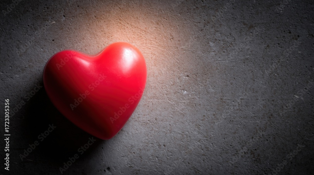 Fototapeta premium A vibrant glossy red heart-shaped object stands out against a dark grey backdrop,