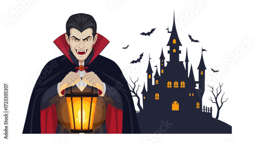 The Dracula's Encounter: The iconic Dracula stands with a lantern against the backdrop of his sinister castle and eerie flying bats and setting a spooky mood.