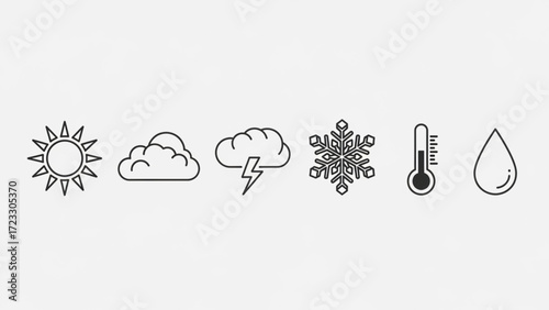 Weather forecast icons with sun, cloud, storm, snowflake, thermometer, and rain drop offer a clean, modern, and minimalist design for presentations