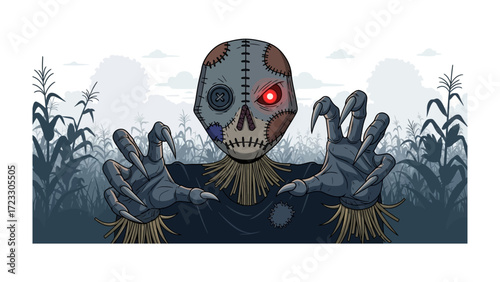 Sinister Scarecrow in the Cornfield: A menacing scarecrow emerges from a foggy cornfield, with an ominous presence and piercing gaze, embodying the spirit of Halloween's darker side. 