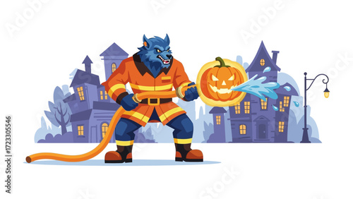 Halloween Firefighter: An illustrated Halloween scene of a werewolf dressed as a firefighter, fighting flames spewing from a jack-o'-lantern against a backdrop of spooky houses.