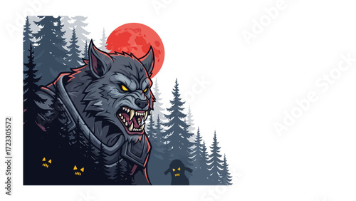 Werewolf Under the Crimson Moon: A fearsome werewolf, baring its fangs under a blood-red moon in a shadowy forest, creating a scene of primal fear and supernatural suspense. 