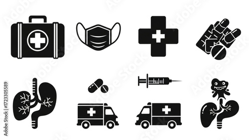 Essential healthcare icons showcasing medical supplies and emergency transport, conveying safety, protection, and readiness for medical assistance and care