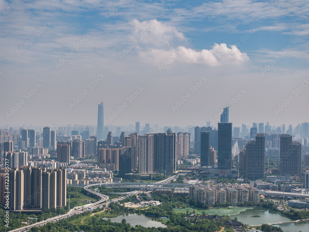 Fototapeta premium China, Hubei, Wuhan, summer, city, urban, scenery, sky, cloud, cumulus, sea of clouds, skyline, landmark, architecture, outdoor, aerial photography, high-rise building, skyscraper, technology, modern,