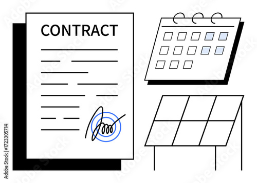 Signed contract sheet, calendar with marked dates, solar panel for energy projects. Ideal for renewable energy, business deals, partnerships, planning, sustainability, deadlines simple flat metaphor