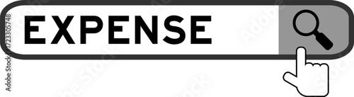 Search banner in word expense with hand over magnifier icon on white background