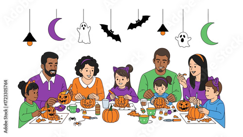 Happy Halloween: A heartwarming illustration captures the festive spirit of Halloween, showcasing a diverse family gathered around a table, carving pumpkins together under spooky decorations.