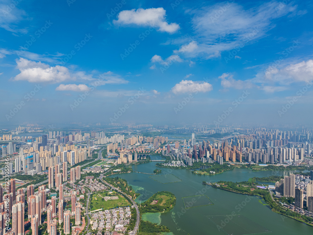 Naklejka premium China, Hubei, Wuhan, summer, city, urban, scenery, sky, cloud, cumulus, sea of clouds, skyline, landmark, architecture, outdoor, aerial photography, high-rise building, skyscraper, technology, modern,