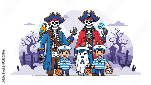 Halloween Pirate's Delight: A captivating group of children and pirate with spooky skull makeup embark on a thrilling adventure for Halloween night.