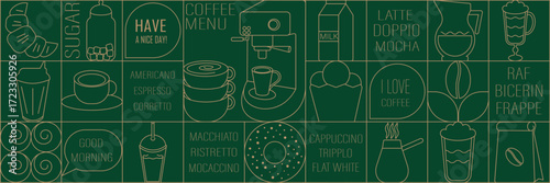 Geometric seamless coffee pattern, coffee shop elements and icons, coffee cup, coffee machine, coffee beans, types of coffee