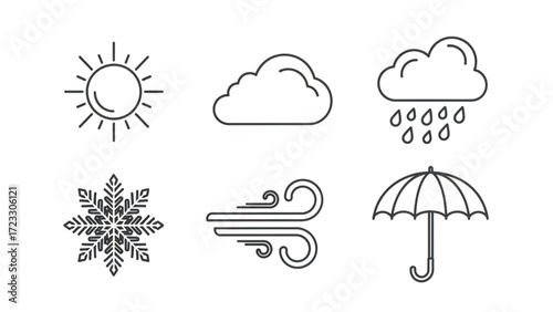 Weather forecast icons set, perfect for app design or educational material, sun, cloud, rain, snowflake, wind, umbrella, scalable weather symbols