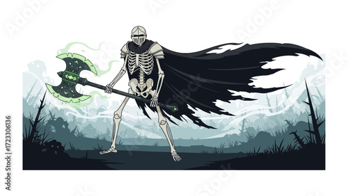 Skeletal Warrior Standing: A powerful skeletal warrior stands defiant, armed with an imposing axe and a flowing cloak, against a backdrop of a shadowy forest.