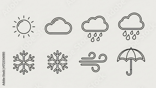 Weather forecast icons offering a clean, simple design, perfect for apps or websites needing sun, clouds, rain, snow, wind, and umbrella symbols