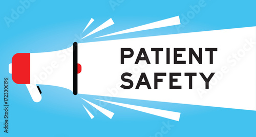 Color megaphone icon with word patient safety in white banner on blue background