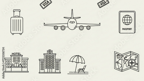 Travel planning icons showcasing flight, luggage, hotel, passport, visa, beach, and map for global journeys and vacation adventures, a modern illustration