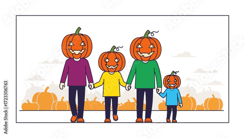 Family Pumpkin Head: A whimsical family with pumpkin heads strolls together, holding hands in a playful scene, capturing the essence of Halloween spirit and the joy of togetherness.