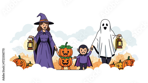 Spooky Halloween Fun: A delightful Halloween illustration depicts a witch, vampire, ghost, and a charming pumpkin couple. A cheerful depiction to invite everyone into the world of trick-or-treating.