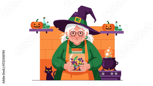 Witch's Enchanting Brew: A whimsical witch stands proudly, holding a jar of mystical ingredients with a black cat and jack-o'-lantern, a cauldron bubbles with supernatural essence.