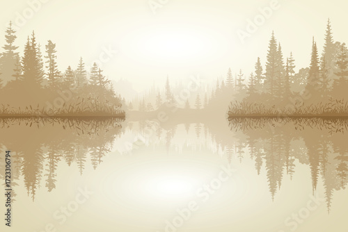 Forest lake in the fog, picturesque reflection, sepia tones, minimalistic landscape, vector illustration