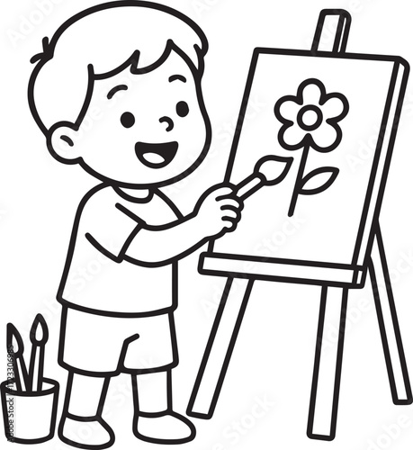 Young Artist's Imagination: A cheerful boy, brimming with creativity, paints a vibrant flower on an easel.