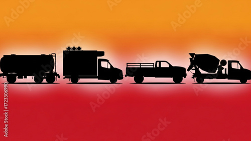 Dynamic silhouette of construction vehicles including a tanker, truck, pickup and cement mixer at sunset, perfect for logistics and transport concepts