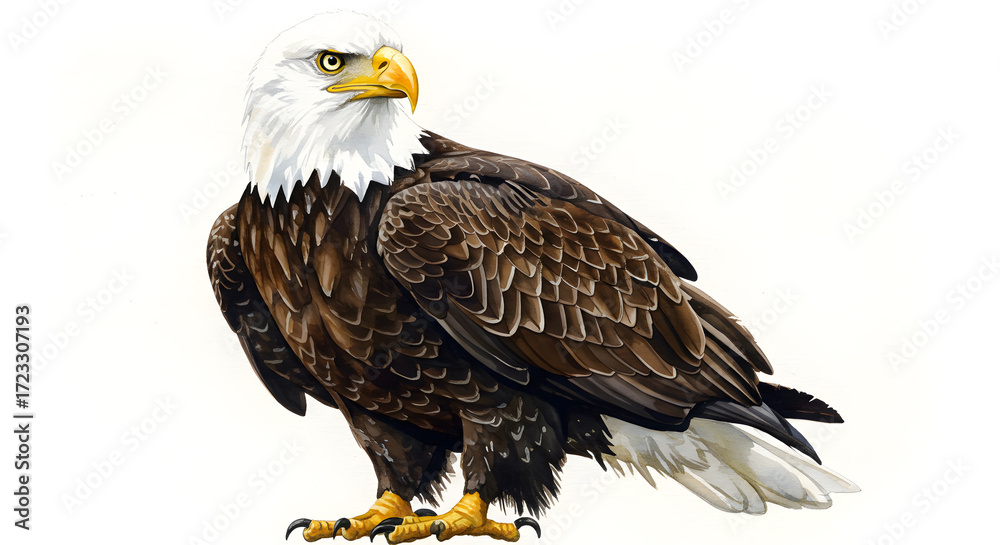 Obraz premium Majestic bald eagle standing tall with piercing gaze, perfect for patriotic themes, wildlife education, or nature illustrations with stunning detail