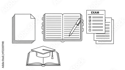 Complete exam preparation guide with notebook, pen, graduation cap, and test papers for educational resources and student success planning