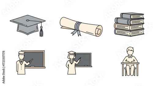 Celebrate academic success with this educational design featuring graduation cap, diploma, teacher, student, and books for back to school promotions