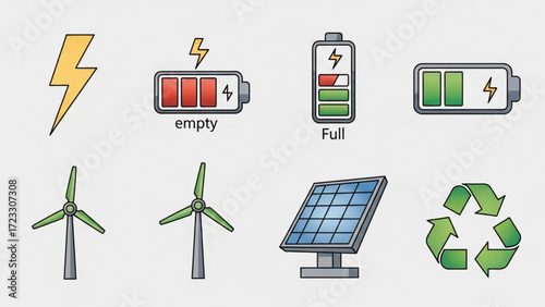 Sustainable energy icons represent eco friendly solutions for clean power and a greener future, wind turbines, solar panels, recycling and charged battery