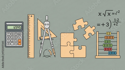 Engaging math learning illustration with abacus, compass, calculator, puzzle pieces, and math equations for educational resources and school materials