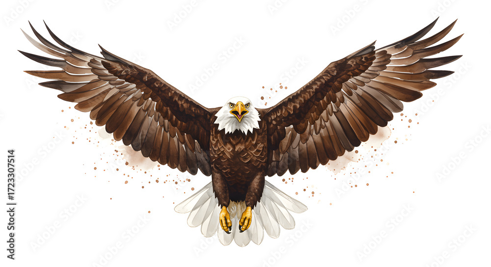 Obraz premium Majestic bald eagle soaring with outstretched wings, a symbol of freedom and power, perfect for patriotic projects and inspirational designs