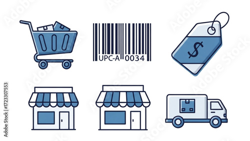 Streamlined shopping icons depicting retail, delivery, and pricing for modern e-commerce ventures and digital marketing, embodying convenience and value