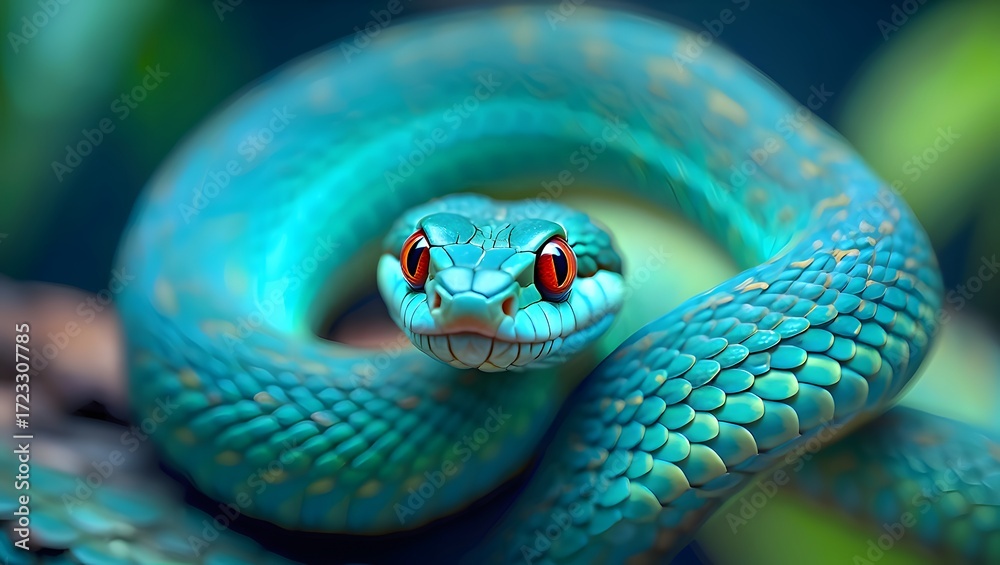 Obraz premium A vibrant turquoise snake with piercing red eyes coiled and ready to strike prey now