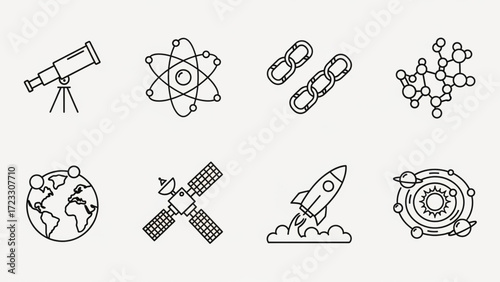 Explore science and space with these modern line icons, a set of telescope, atom, molecular, Earth, rocket, satellite symbols for a dynamic future
