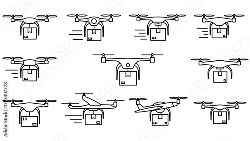 Dynamic delivery drones icons carrying boxes, modern shipping solutions, innovative logistics, future of transportation, scalable design element for business