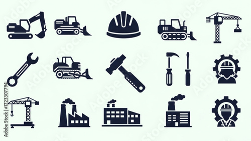 Construction and industrial icons showcasing equipment, tools, and workers for building, manufacturing, and engineering projects with vector scalability