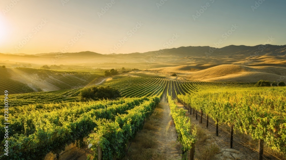 Fototapeta premium Golden sunlight bathes lush grapevines along a dirt path,