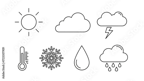 Weather forecast icons featuring sun, clouds, rain, lightning, snowflake, and thermometer for weather reports or weather apps with simple vector style