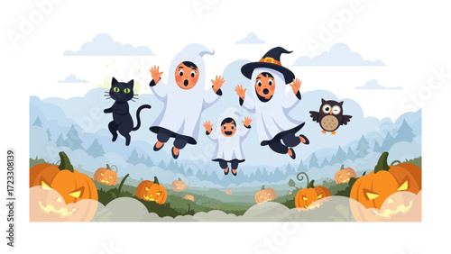 Halloween fun : a cute illustrations shows of Halloween, three childs dress up in ghost costumes and surrounded by pumpkins, owl and black cat. A spooky scene for Halloween.
